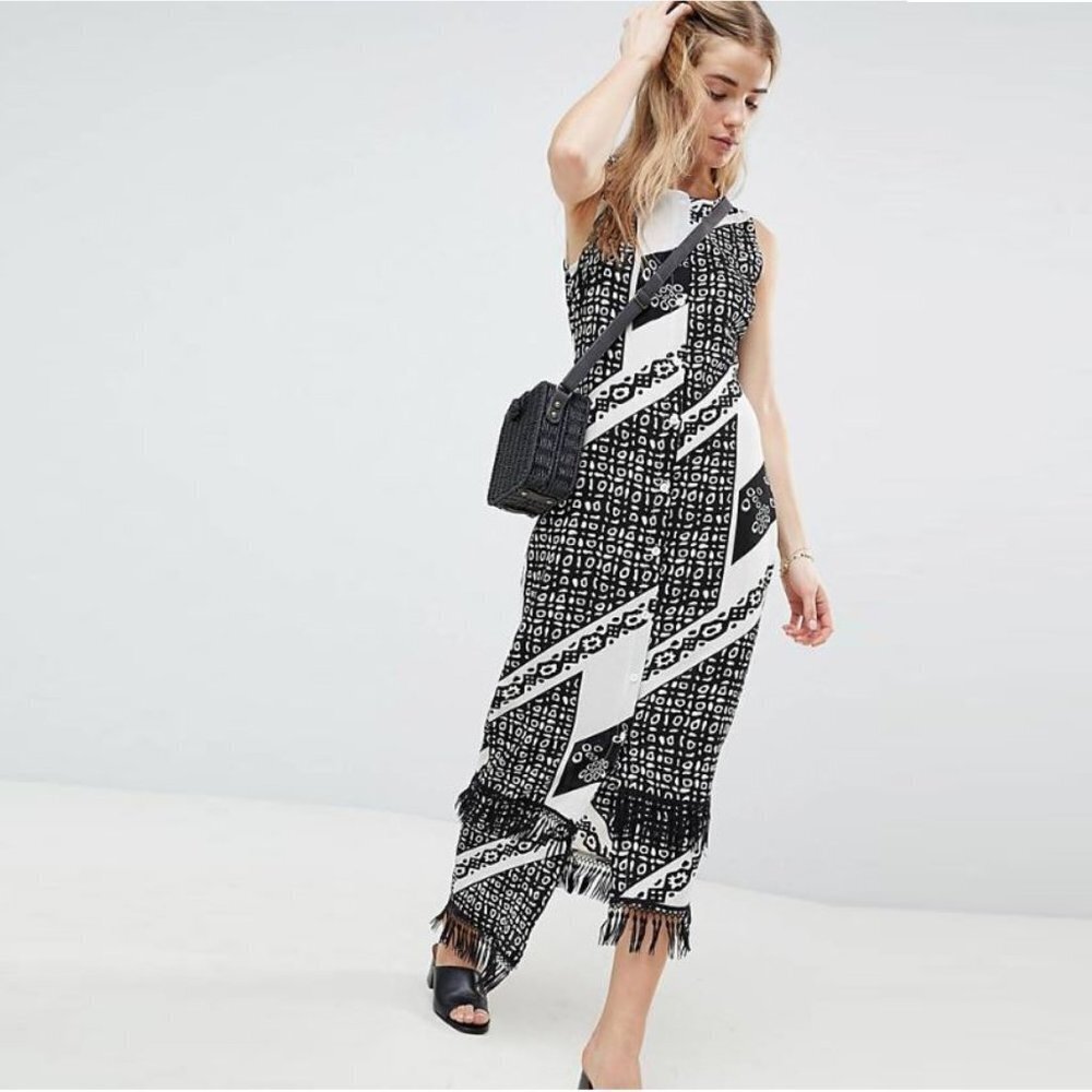New Parisian Printed Midi Dress With Fringe Detail Size 6 Tall